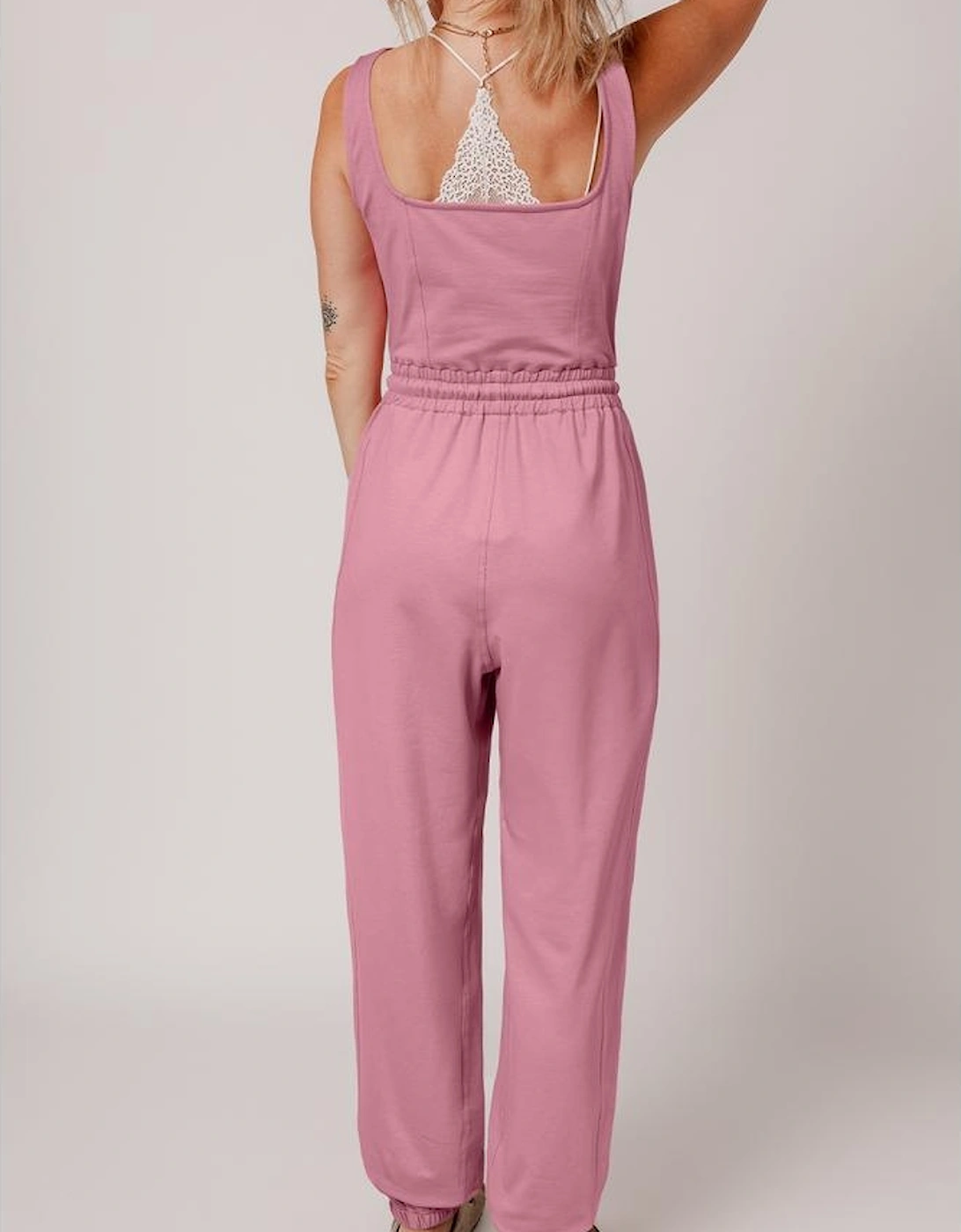 Light Pink Lace-up Elastic Waist Sleeveless Square Neck Jumpsuit, 11 of 10