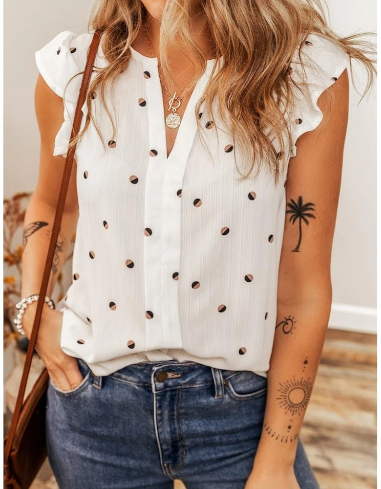 White Polka Dot Print Ruffled Shoulder V Neck Tank Top