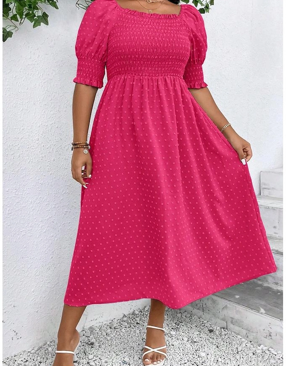 Sachet Pink Swiss Dot Smocked Frilled Neckline Short Sleeve Plus Size Dress, 15 of 14
