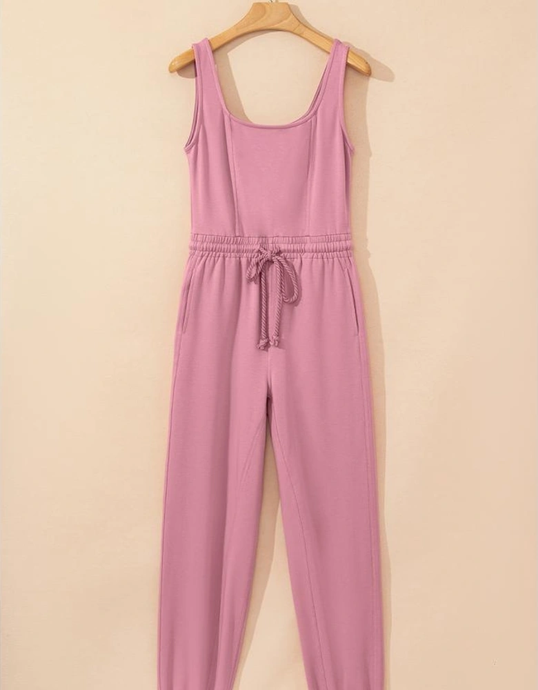 Light Pink Lace-up Elastic Waist Sleeveless Square Neck Jumpsuit
