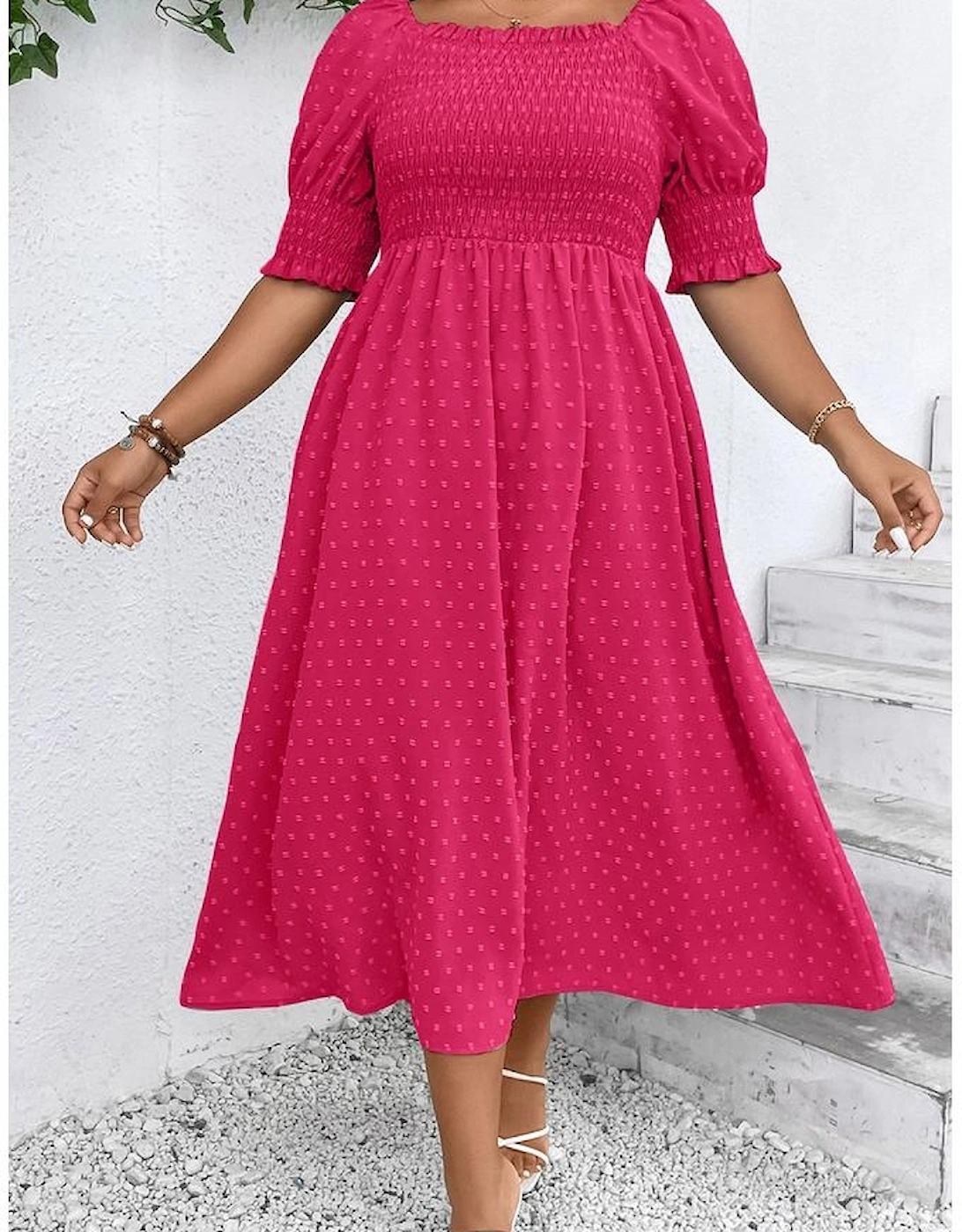 Sachet Pink Swiss Dot Smocked Frilled Neckline Short Sleeve Plus Size Dress