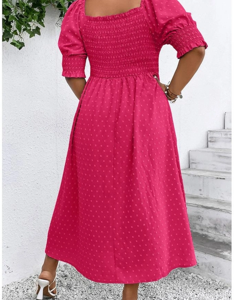 Sachet Pink Swiss Dot Smocked Frilled Neckline Short Sleeve Plus Size Dress