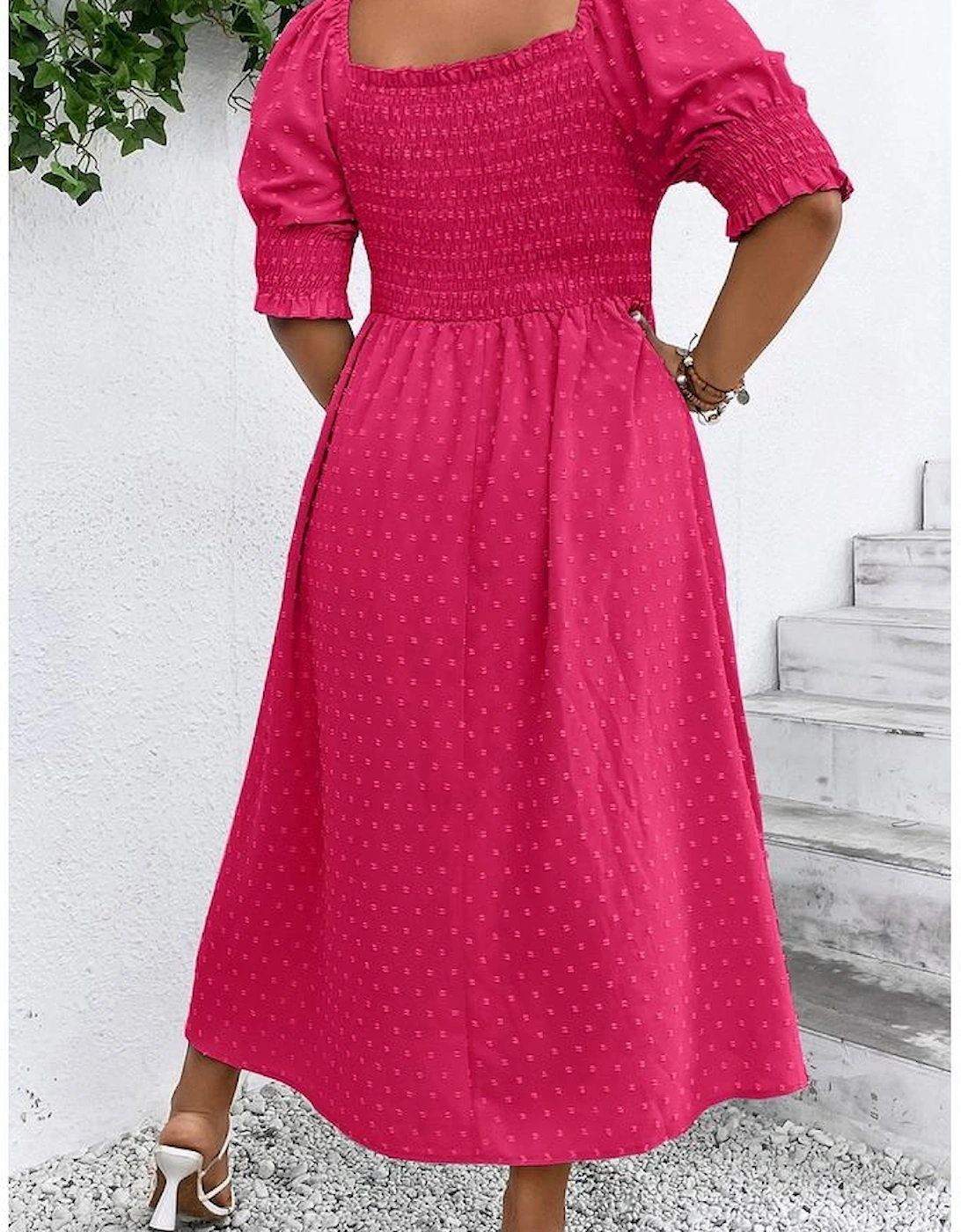 Sachet Pink Swiss Dot Smocked Frilled Neckline Short Sleeve Plus Size Dress