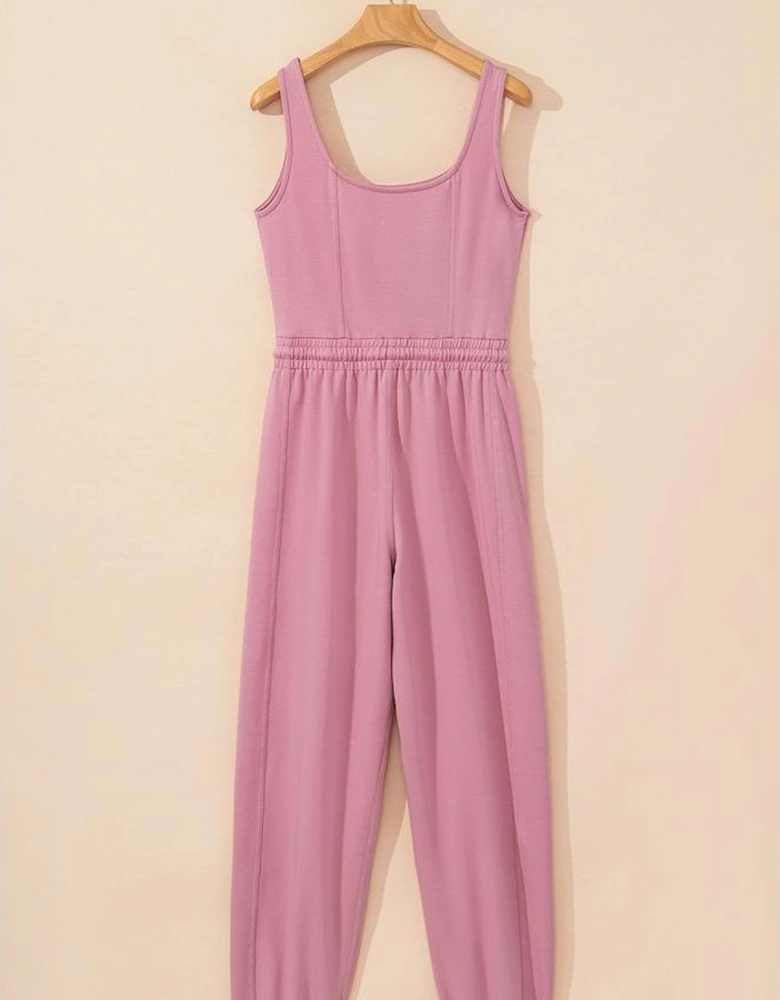 Light Pink Lace-up Elastic Waist Sleeveless Square Neck Jumpsuit