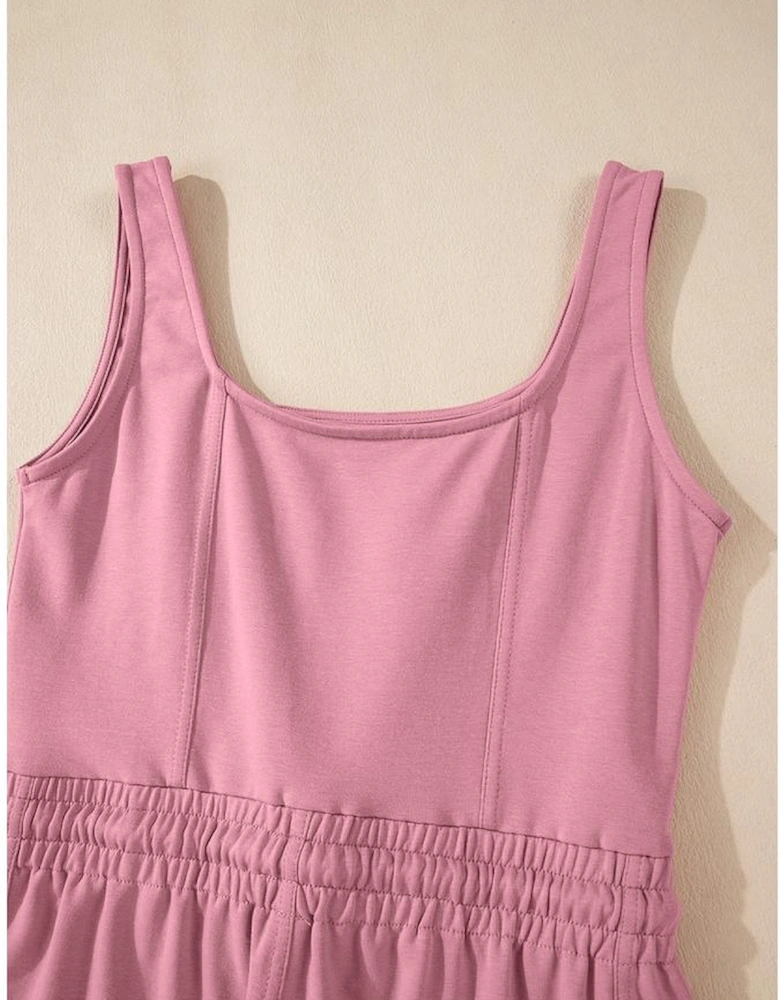 Light Pink Lace-up Elastic Waist Sleeveless Square Neck Jumpsuit