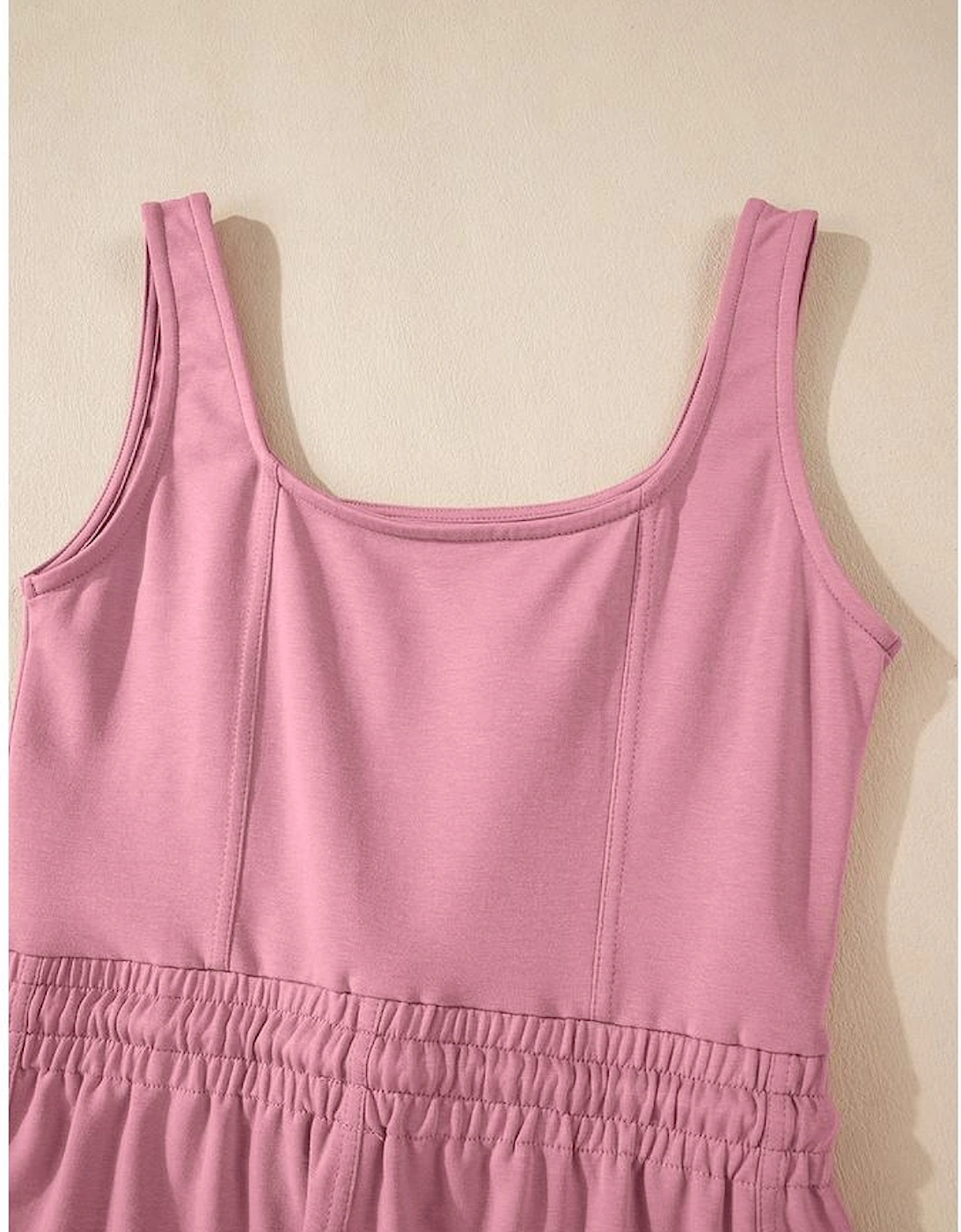 Light Pink Lace-up Elastic Waist Sleeveless Square Neck Jumpsuit