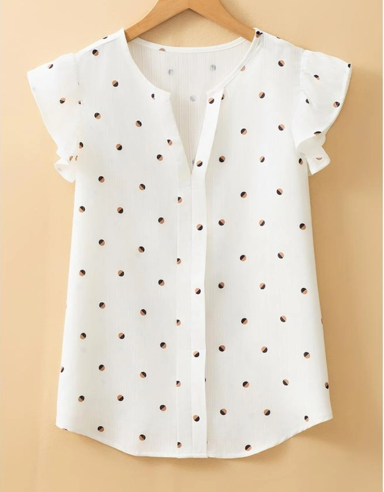 White Polka Dot Print Ruffled Shoulder V Neck Tank Top