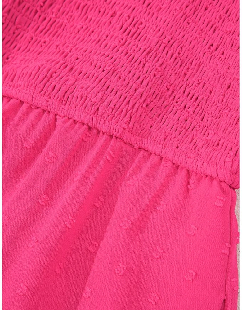 Sachet Pink Swiss Dot Smocked Frilled Neckline Short Sleeve Plus Size Dress