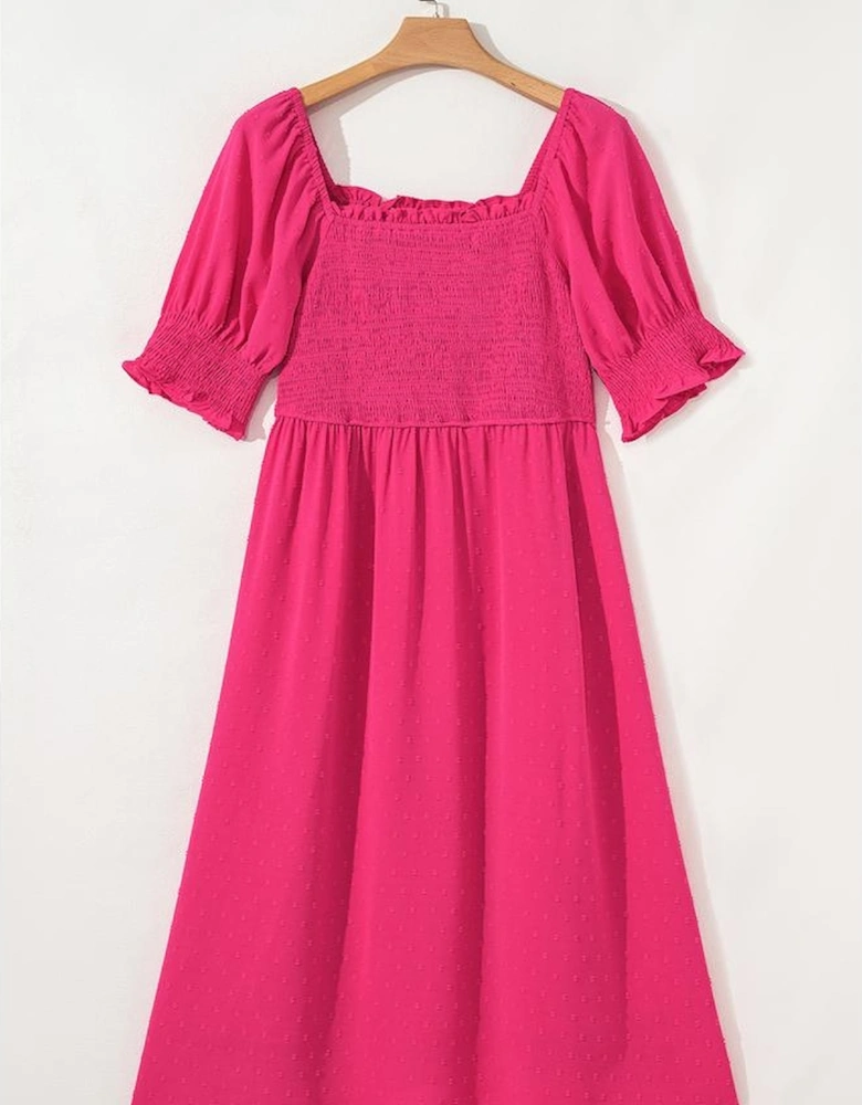 Sachet Pink Swiss Dot Smocked Frilled Neckline Short Sleeve Plus Size Dress