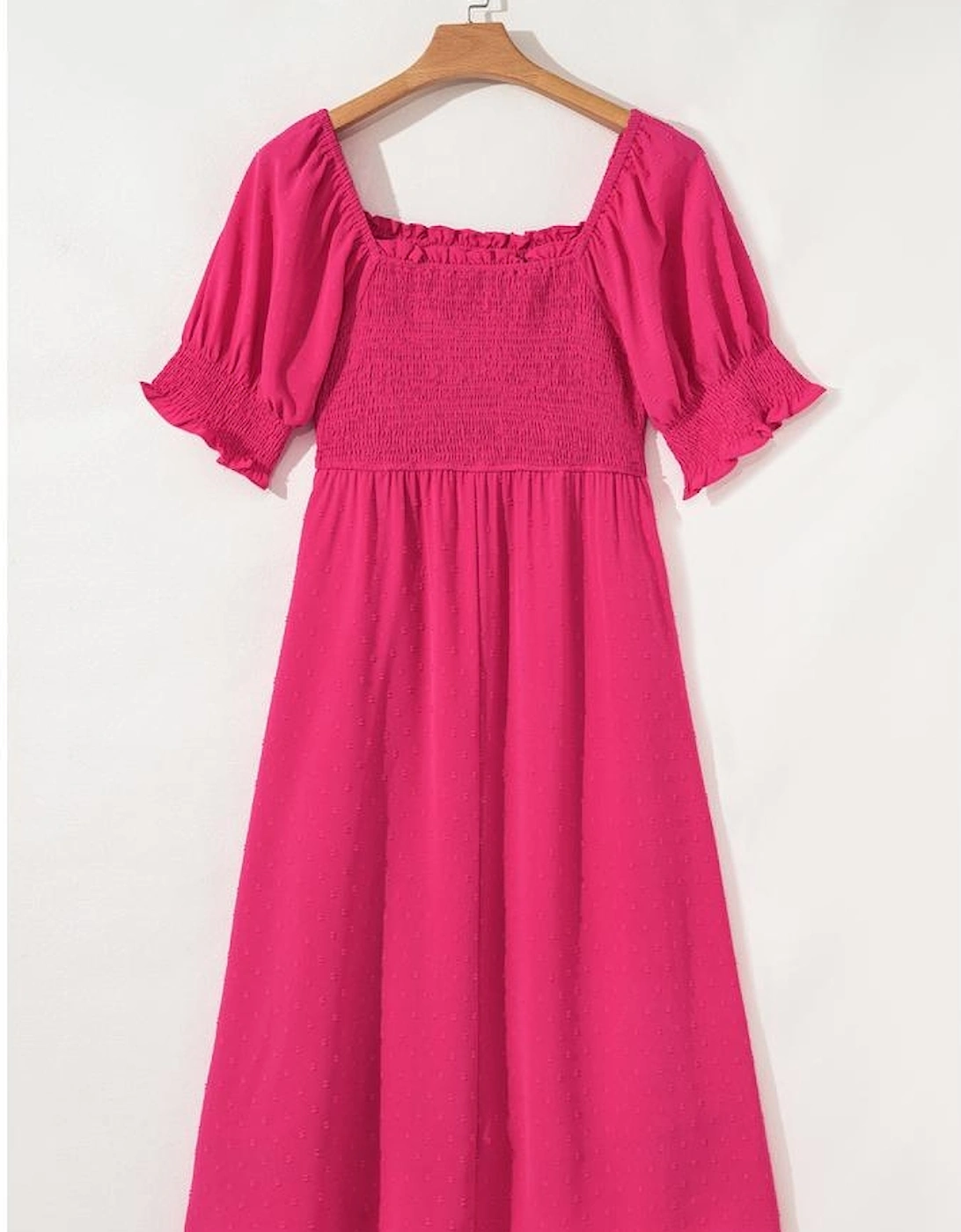 Sachet Pink Swiss Dot Smocked Frilled Neckline Short Sleeve Plus Size Dress