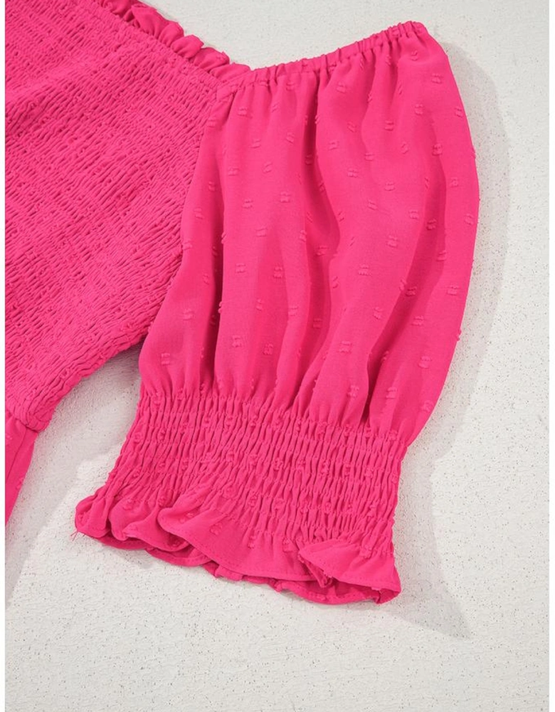 Sachet Pink Swiss Dot Smocked Frilled Neckline Short Sleeve Plus Size Dress