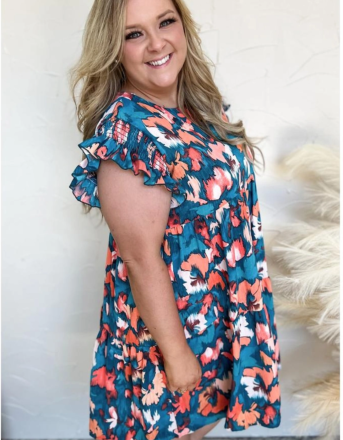 Blue Abstract Print Shirred Ruffled Short Sleeve Tiered Plus Size Mini Dress