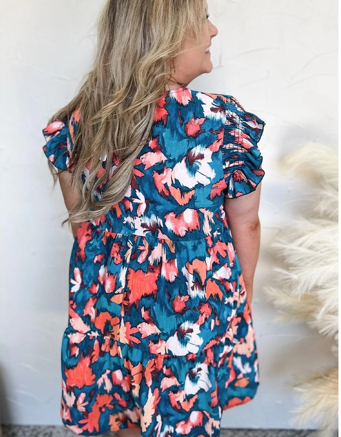 Blue Abstract Print Shirred Ruffled Short Sleeve Tiered Plus Size Mini Dress, 13 of 12