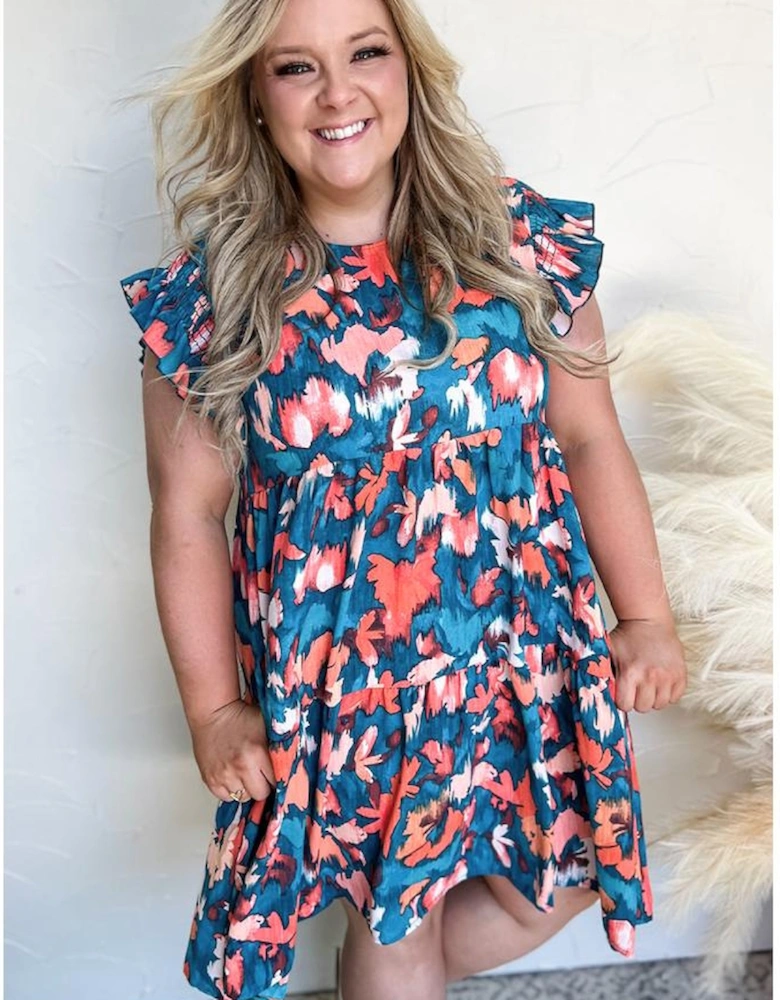 Blue Abstract Print Shirred Ruffled Short Sleeve Tiered Plus Size Mini Dress