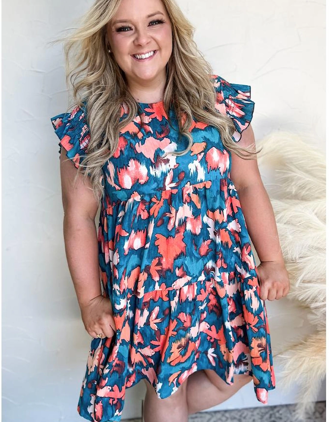 Blue Abstract Print Shirred Ruffled Short Sleeve Tiered Plus Size Mini Dress