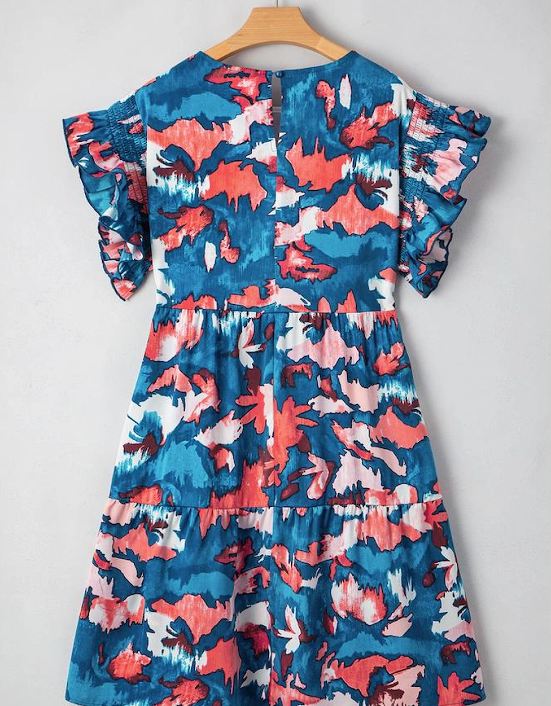 Blue Abstract Print Shirred Ruffled Short Sleeve Tiered Plus Size Mini Dress