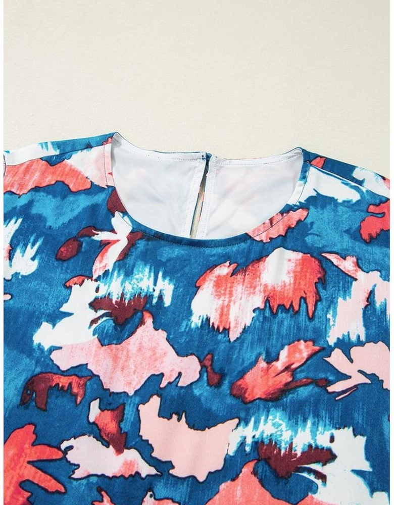 Blue Abstract Print Shirred Ruffled Short Sleeve Tiered Plus Size Mini Dress