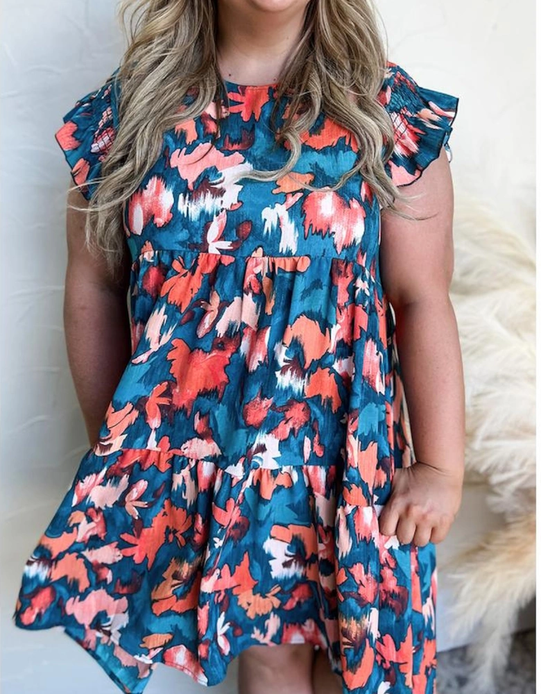 Blue Abstract Print Shirred Ruffled Short Sleeve Tiered Plus Size Mini Dress