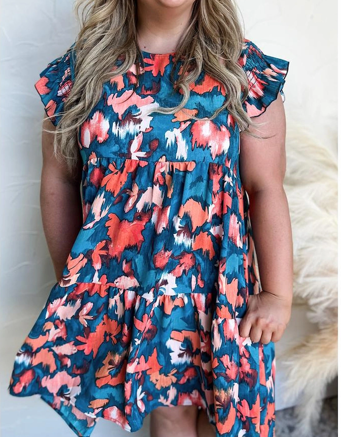 Blue Abstract Print Shirred Ruffled Short Sleeve Tiered Plus Size Mini Dress