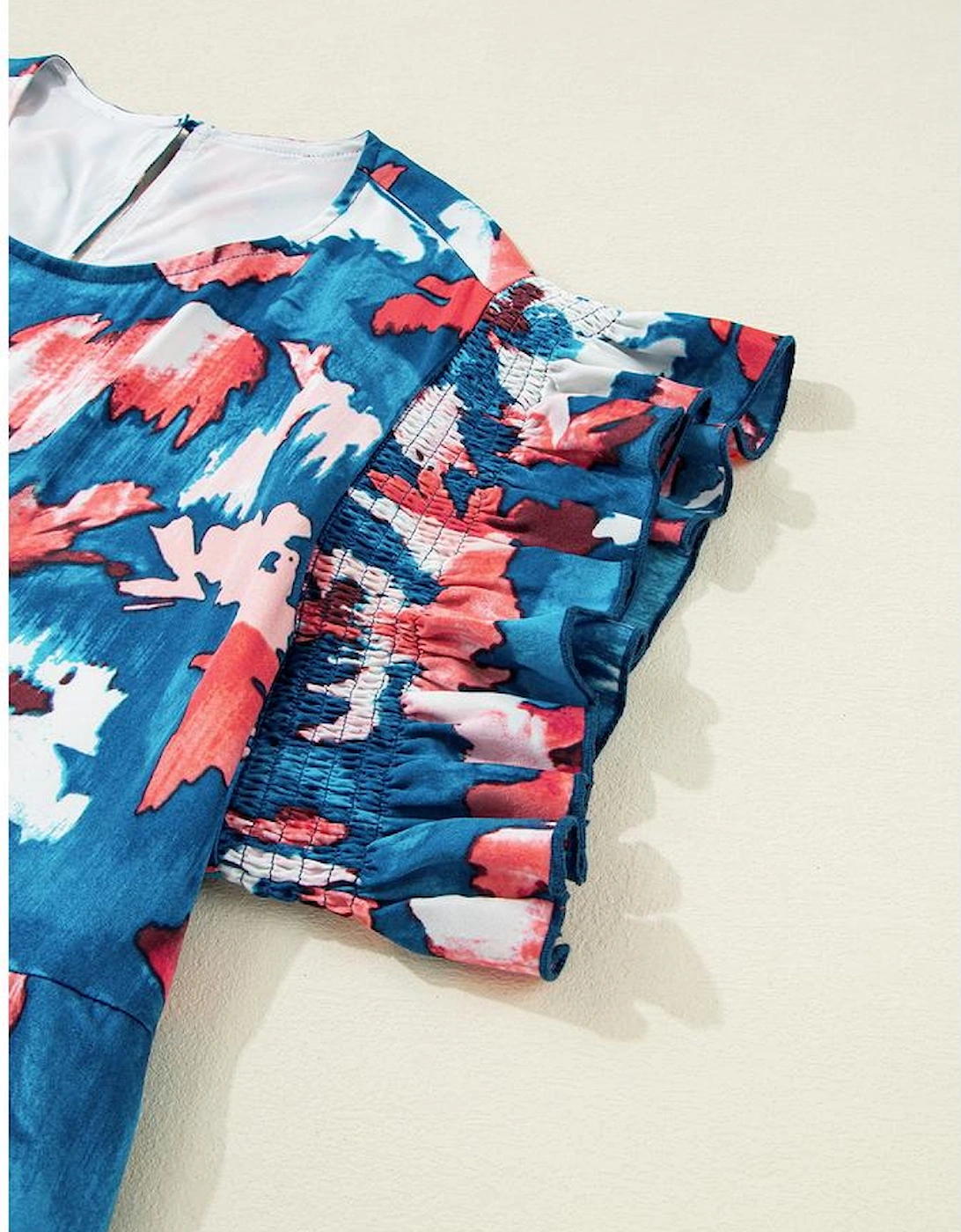 Blue Abstract Print Shirred Ruffled Short Sleeve Tiered Plus Size Mini Dress