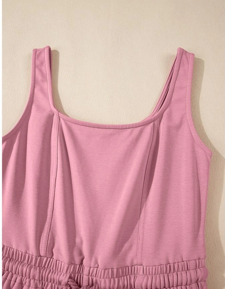 Light Pink Lace-up Elastic Waist Sleeveless Square Neck Jumpsuit
