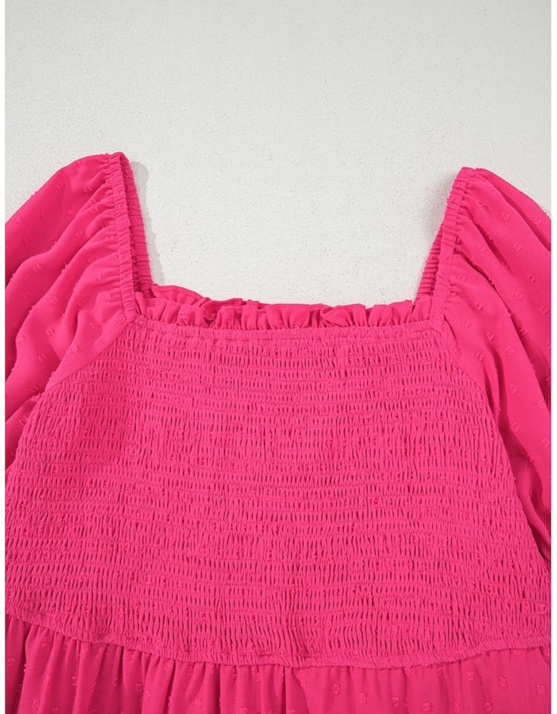 Sachet Pink Swiss Dot Smocked Frilled Neckline Short Sleeve Plus Size Dress