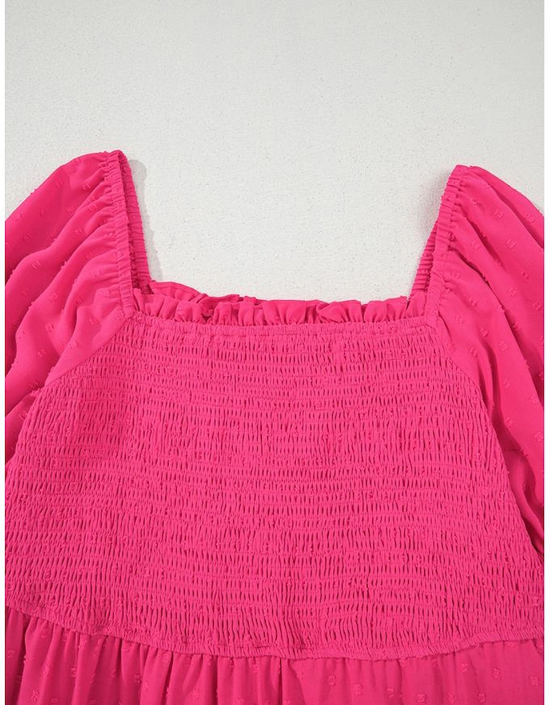 Sachet Pink Swiss Dot Smocked Frilled Neckline Short Sleeve Plus Size Dress