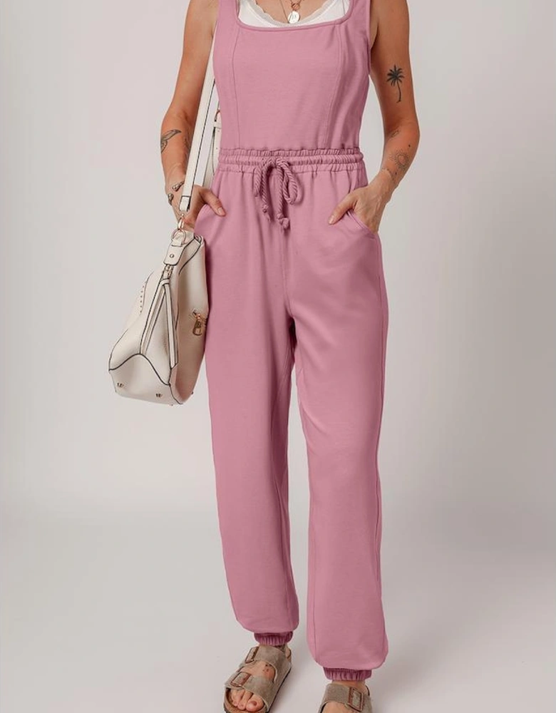 Light Pink Lace-up Elastic Waist Sleeveless Square Neck Jumpsuit