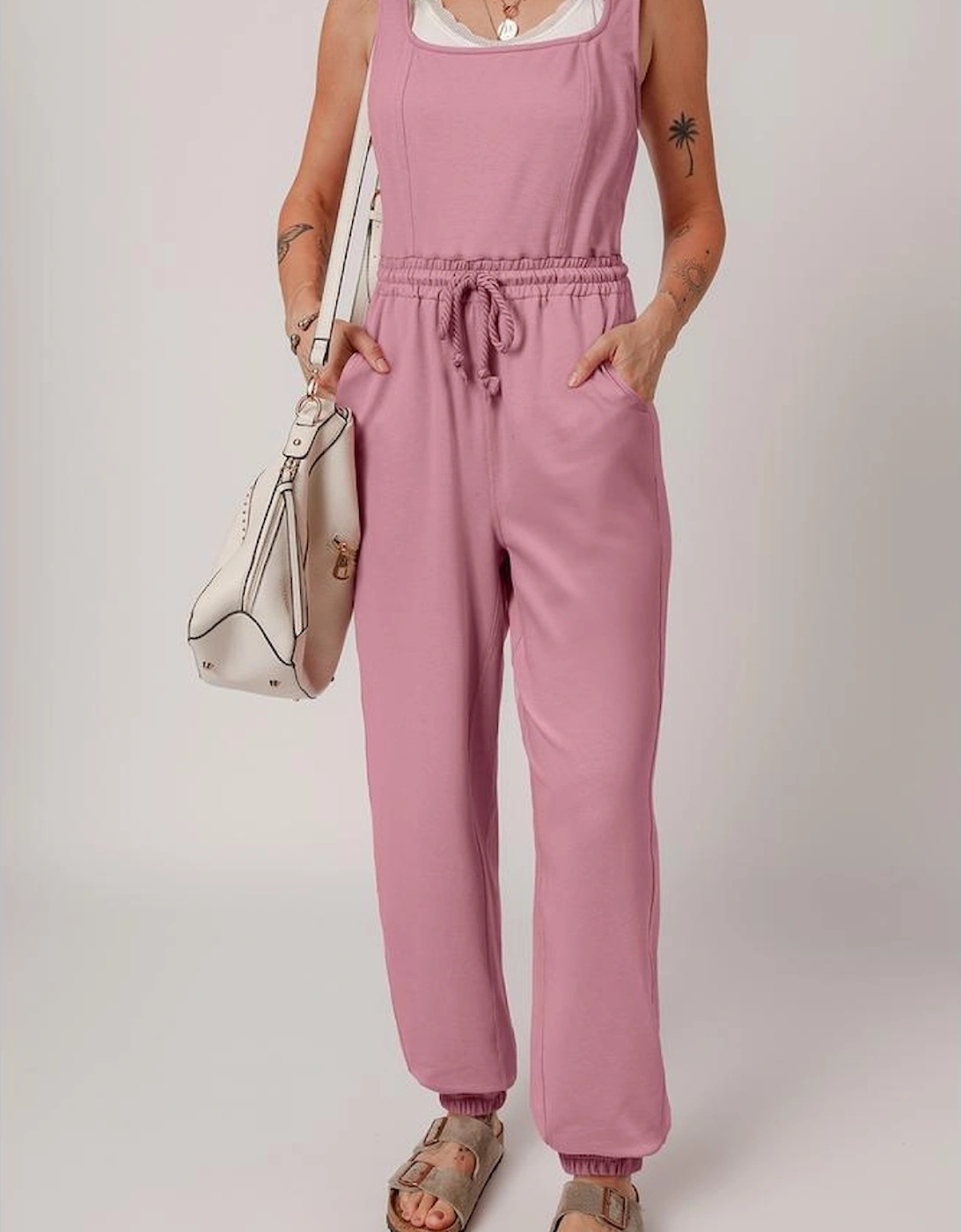 Light Pink Lace-up Elastic Waist Sleeveless Square Neck Jumpsuit