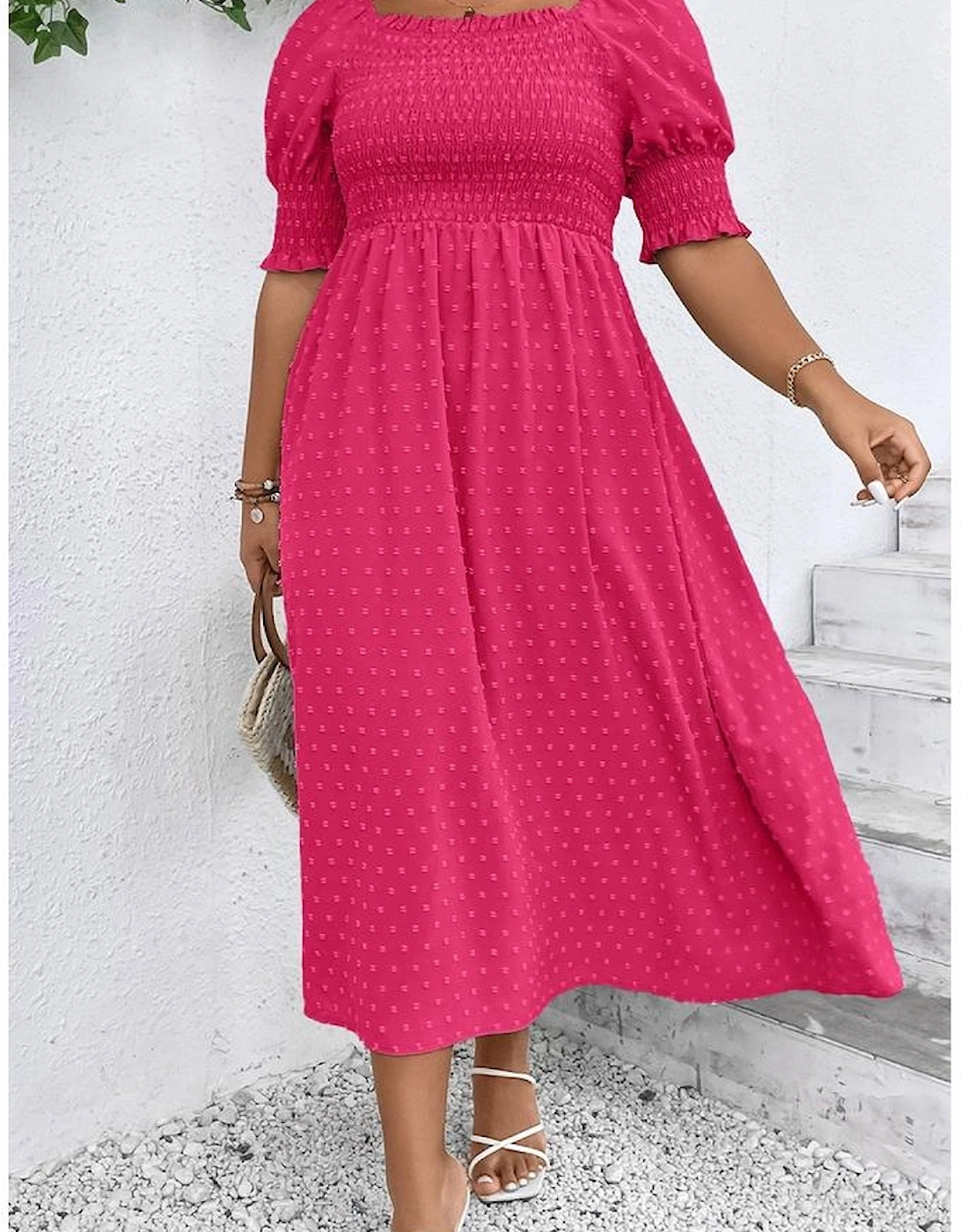 Sachet Pink Swiss Dot Smocked Frilled Neckline Short Sleeve Plus Size Dress
