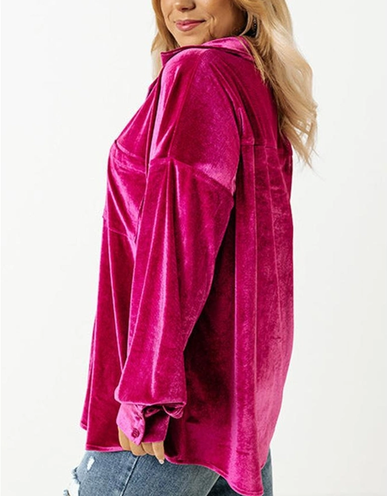 Bright Pink Plus Size Velvet Chest Pocket Drop Shoulder Shirt