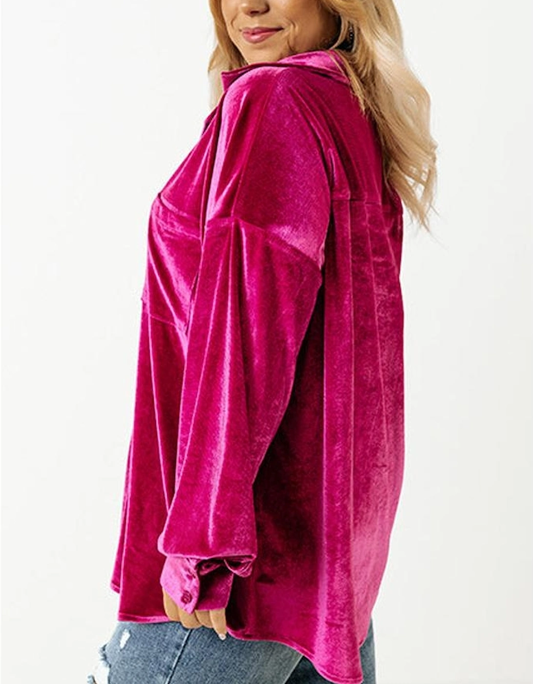 Bright Pink Plus Size Velvet Chest Pocket Drop Shoulder Shirt
