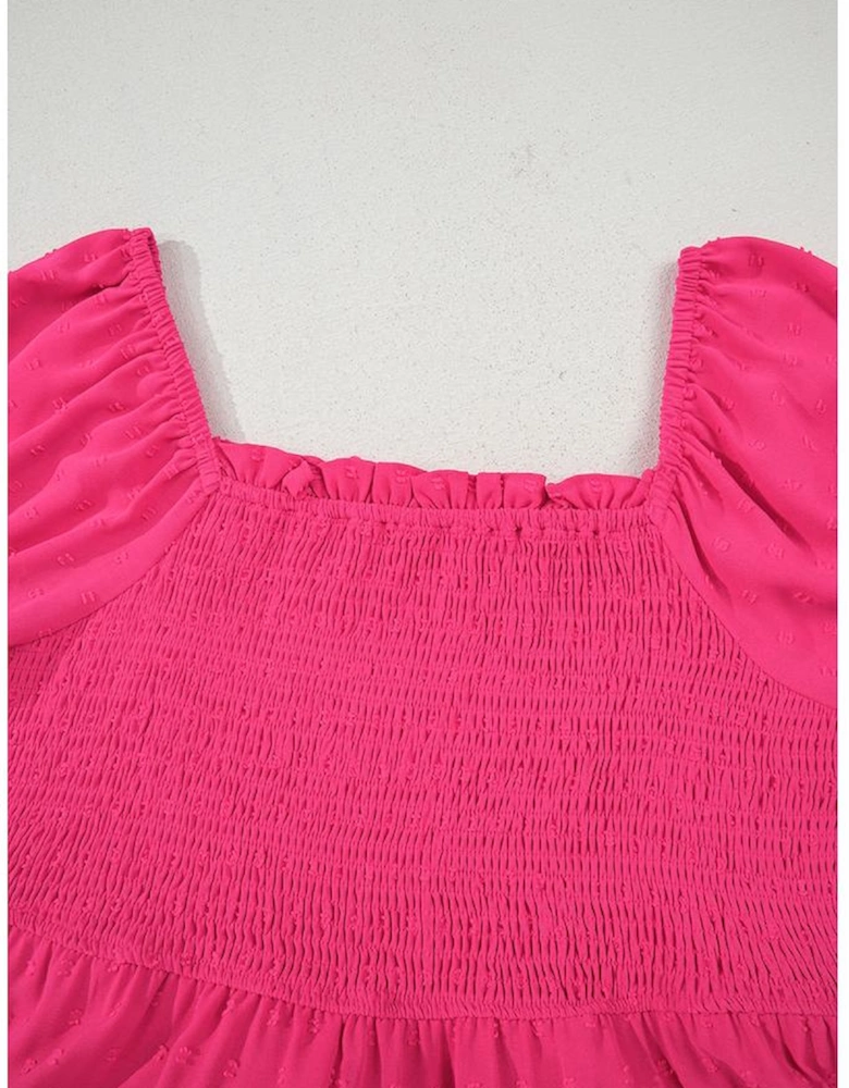 Sachet Pink Swiss Dot Smocked Frilled Neckline Short Sleeve Plus Size Dress