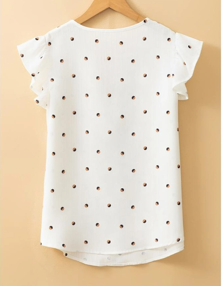 White Polka Dot Print Ruffled Shoulder V Neck Tank Top