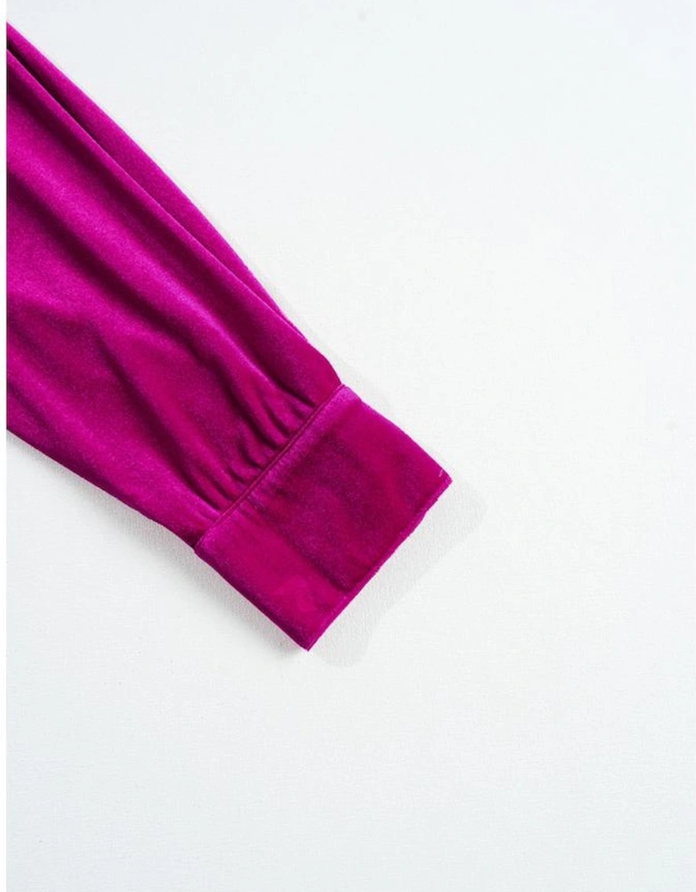 Bright Pink Plus Size Velvet Chest Pocket Drop Shoulder Shirt