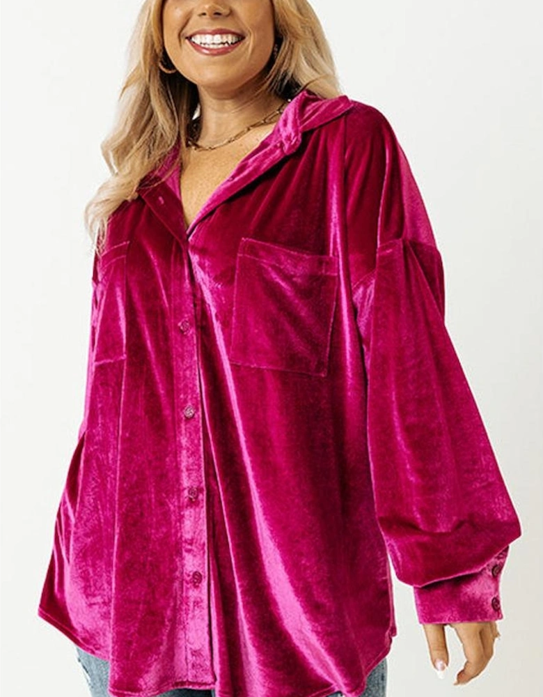 Bright Pink Plus Size Velvet Chest Pocket Drop Shoulder Shirt