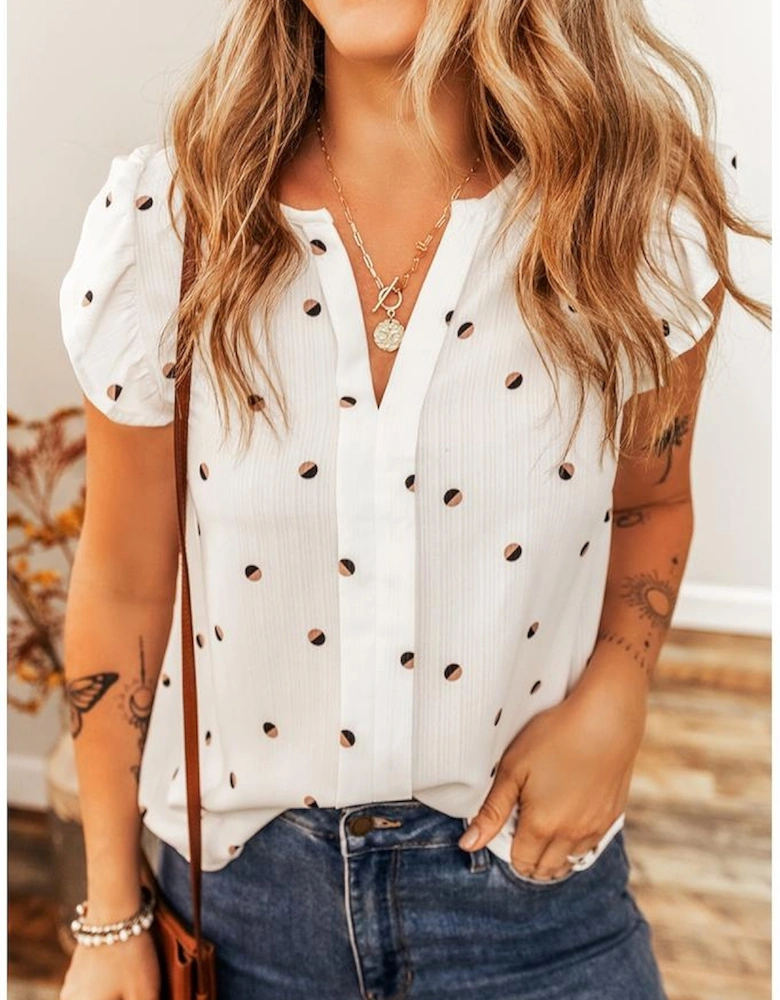 White Polka Dot Print Ruffled Shoulder V Neck Tank Top