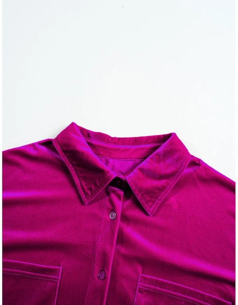 Bright Pink Plus Size Velvet Chest Pocket Drop Shoulder Shirt
