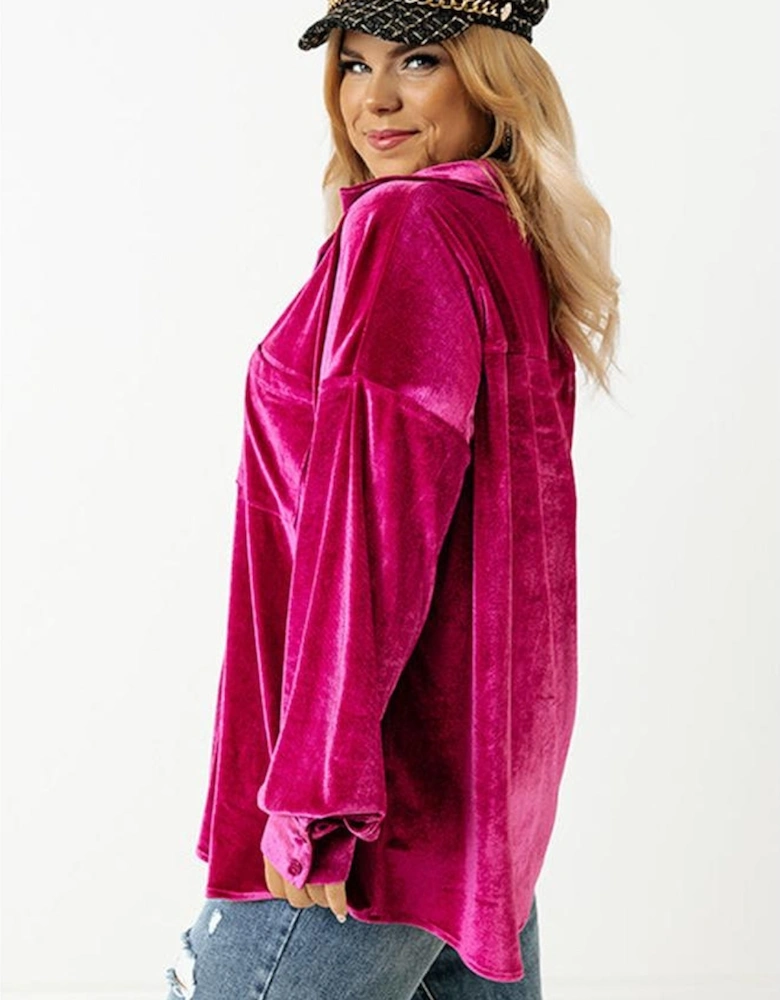 Bright Pink Plus Size Velvet Chest Pocket Drop Shoulder Shirt