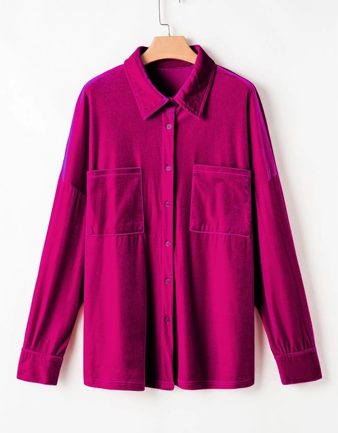 Bright Pink Plus Size Velvet Chest Pocket Drop Shoulder Shirt
