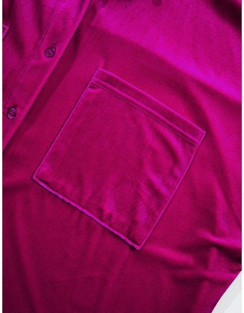 Bright Pink Plus Size Velvet Chest Pocket Drop Shoulder Shirt