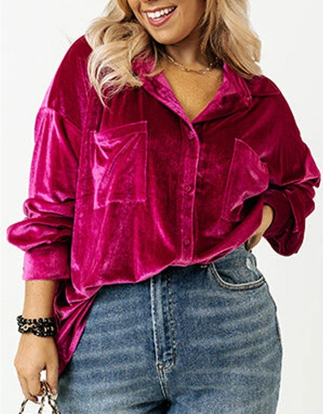 Bright Pink Plus Size Velvet Chest Pocket Drop Shoulder Shirt