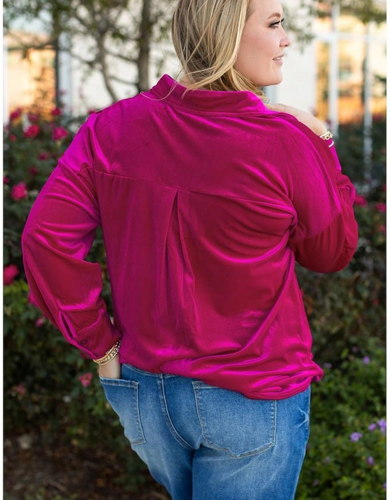 Bright Pink Plus Size Velvet Chest Pocket Drop Shoulder Shirt