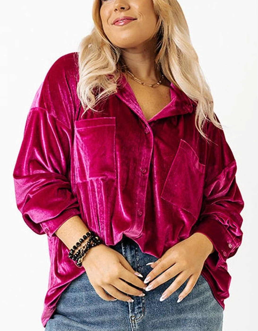 Bright Pink Plus Size Velvet Chest Pocket Drop Shoulder Shirt