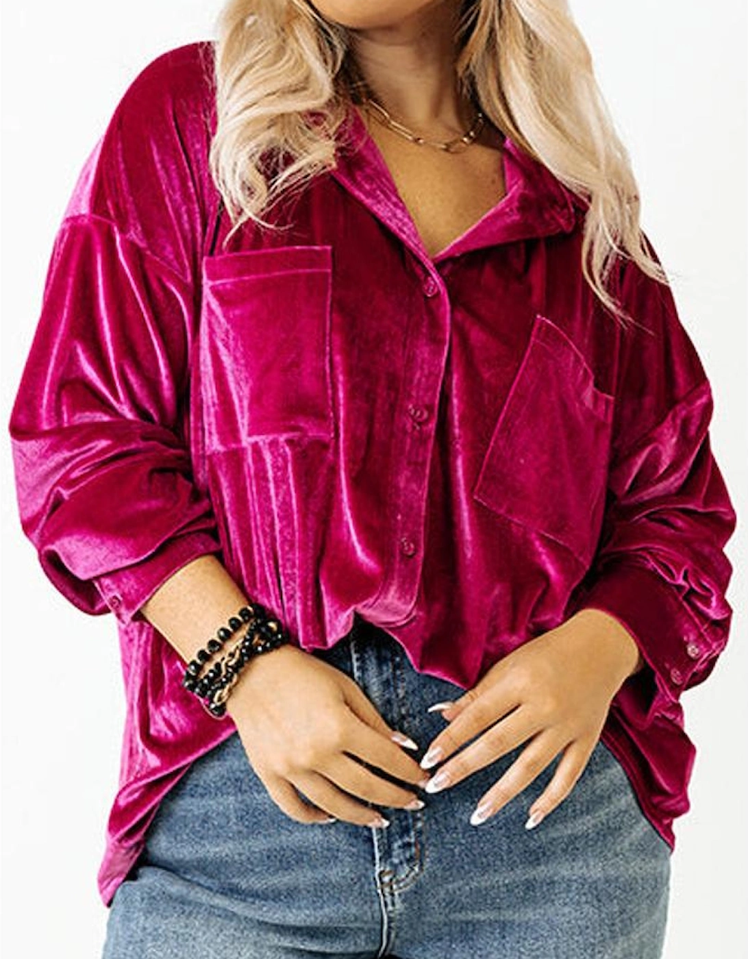 Bright Pink Plus Size Velvet Chest Pocket Drop Shoulder Shirt