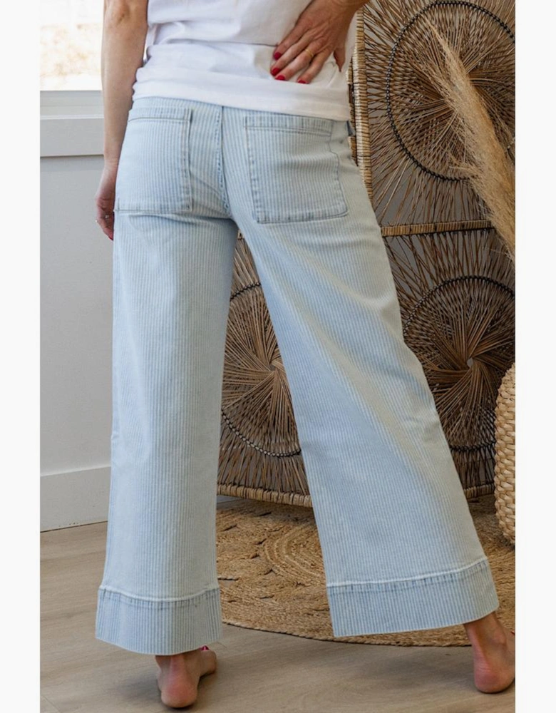Sky Blue Stripe Button Flap Pocket Cuffed Hem Wide Leg Jeans