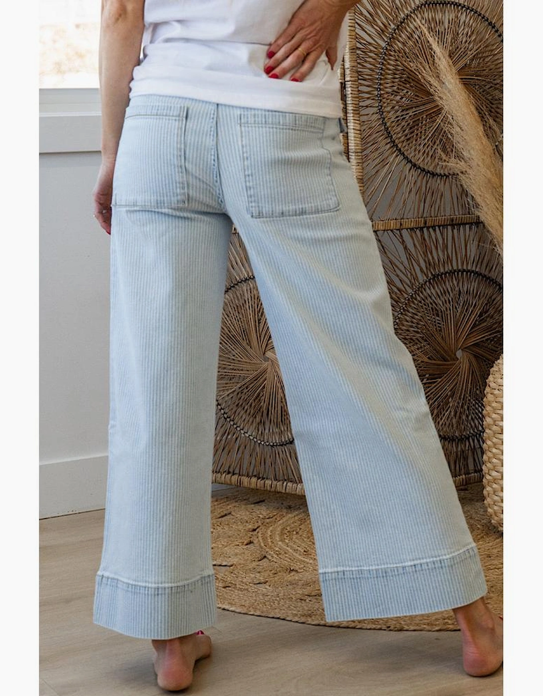 Sky Blue Stripe Button Flap Pocket Cuffed Hem Wide Leg Jeans, 4 of 3