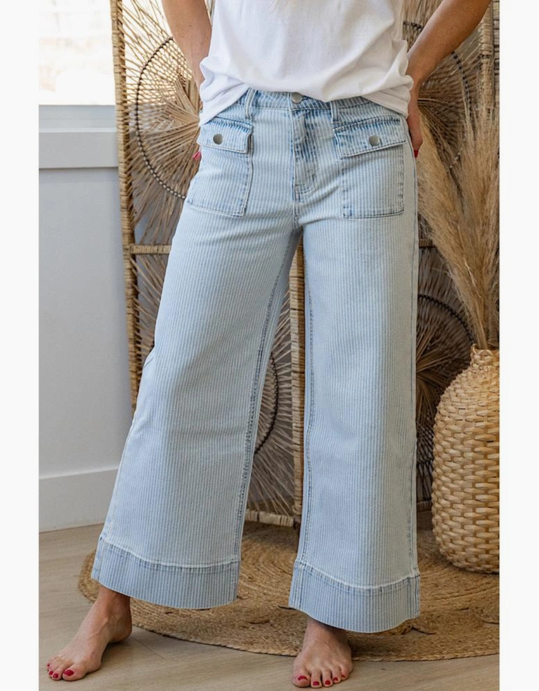 Sky Blue Stripe Button Flap Pocket Cuffed Hem Wide Leg Jeans