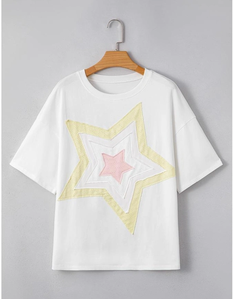 White Star Layered Patched Graphic Drop Shoulder Half Sleeve Loose Tee