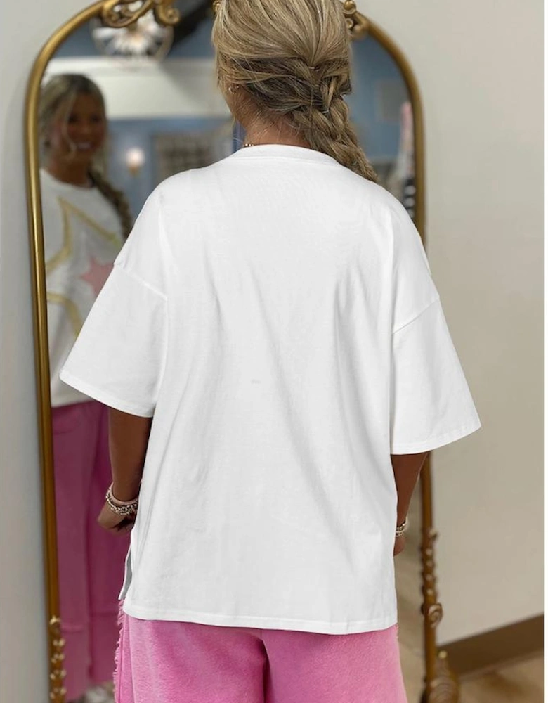White Star Layered Patched Graphic Drop Shoulder Half Sleeve Loose Tee